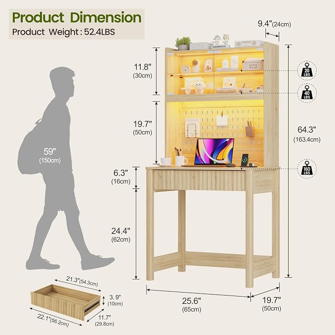 Lvifur LED Writing Desk with Hutch and Pegboard and Power Outlet (Natural) | Compact Study Desk with Display Shelf, 3 Color Lights, Adjustable Brightness, USB/Type-C&2 AC Outlets, Drawer wtih Metal Rail - Image 2