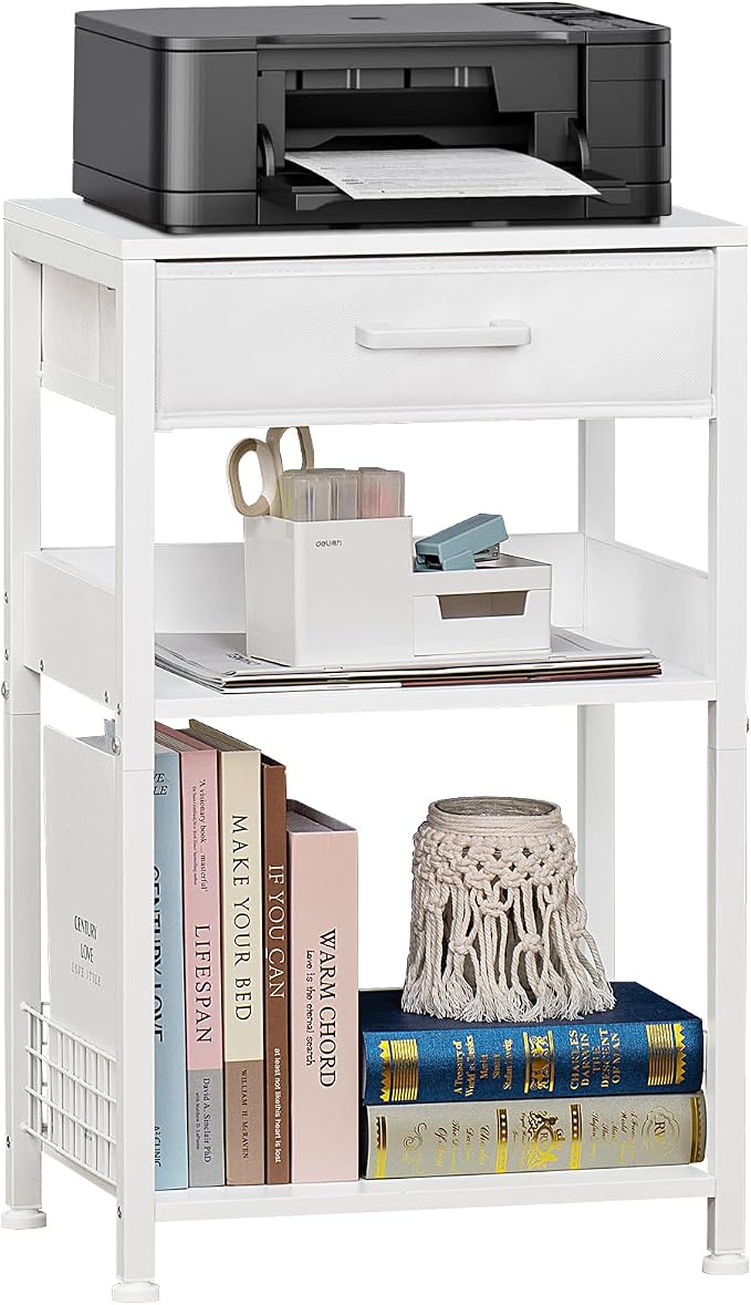 Lerliuo Printer Stand with Storage, 3-Tier Printer Table with Drawer, White by Lerliuo