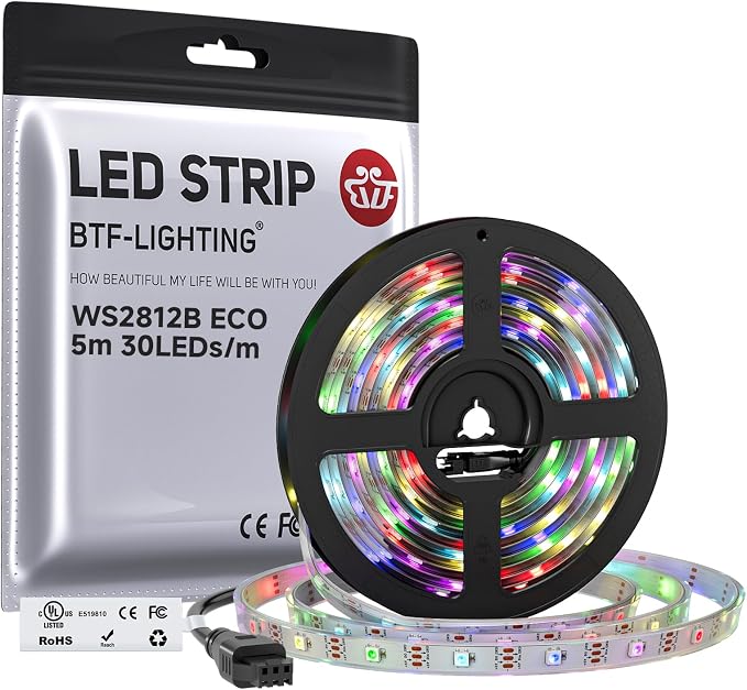 BTF-LIGHTING WS2812B ECO RGB LED Strip,UL Listed,Individually Addressable,16.4FT 30LED/m 150Pixel DC5V 5050SMD,Alloy Wire Flexible for DIY Chasing Color Project IP67(No Adapter or Controller) by BTF-LIGHTING