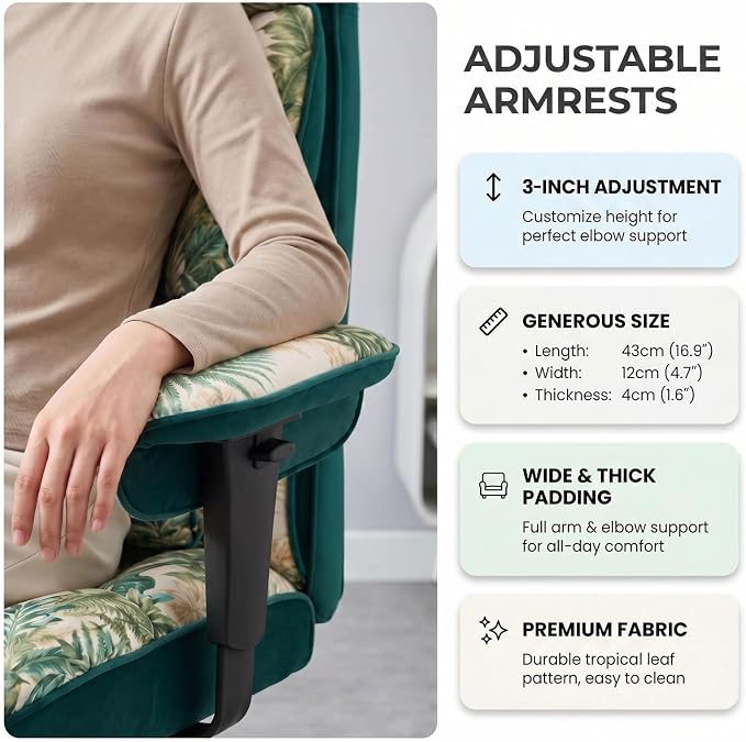 Efomao Watercolor Fabric Executive Office Chair Home Foot Rest, Green | Soft Breathable Computer Desk Seat, Plush Comfy Cushion, Aesthetic Pastel Floral Patterns for Studio Vanity Cozy Setup - Image 5
