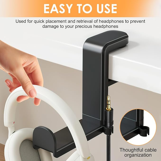 Rotating Headphone Stand, No-Drill 360° Rotating PC Gaming Headset & Controller Holder, Under Desk Hanger with 360 Degree Swivel & Cable Clip Organizer - Image 6