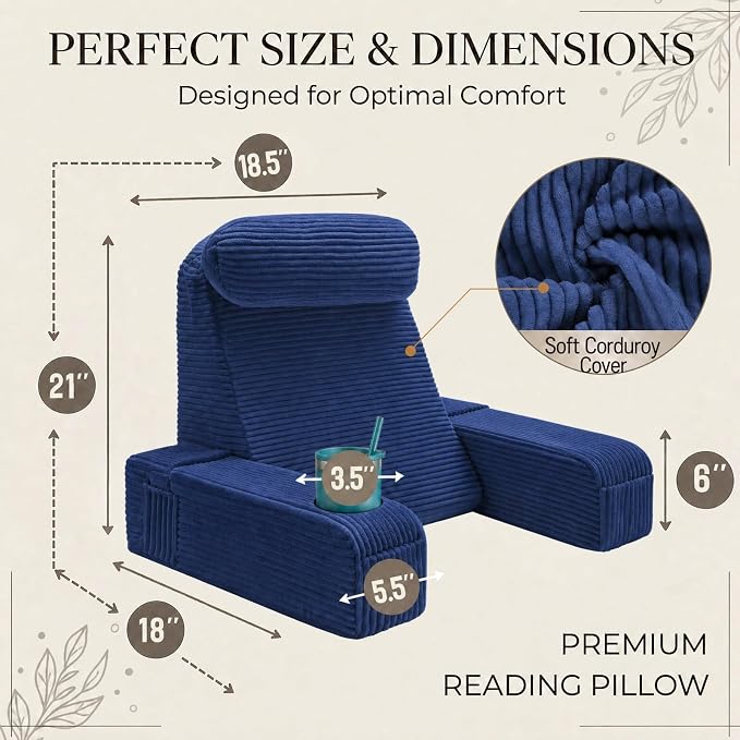 Reading Pillow for Adults, Back Pillow for Bed Sitting Up, Backrest Pillow for Sitting in Bed, Detachable Arms with Built-in Cup & Phone Caddy (Dark Navy-Corduroy, 21 INCH) - Image 6