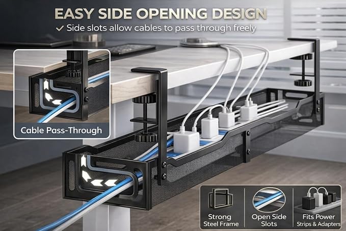 Under Desk Cable Management Tray – 25” Metal Cable Organizer with Clamp Mount, No Drill Wire Management Rack for Office & Home Desk (Black) - Image 5