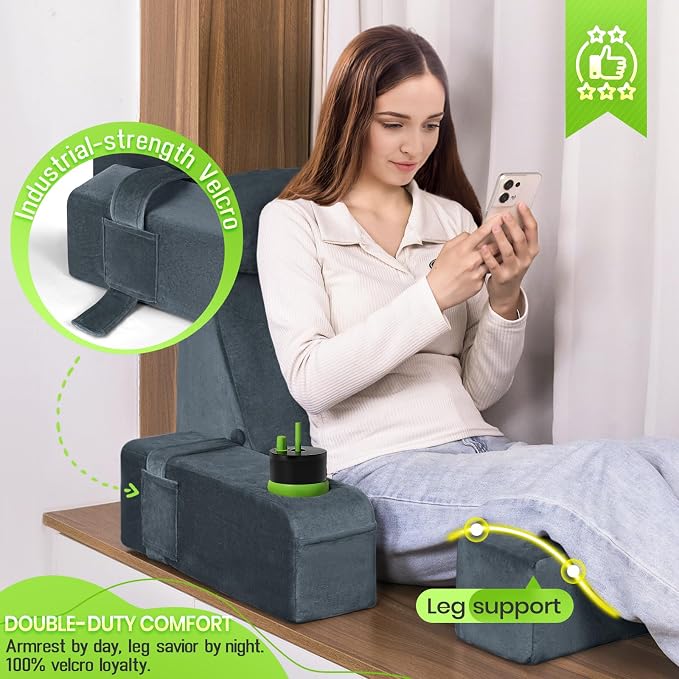 21 INCH Reading Pillow for Adults, Back Pillow for Bed Sitting Up, Backrest Pillow for Sitting in Bed, Detachable Arms with Built-in Cup & Phone Caddy (Dark Gray, 21 INCH) - Image 7