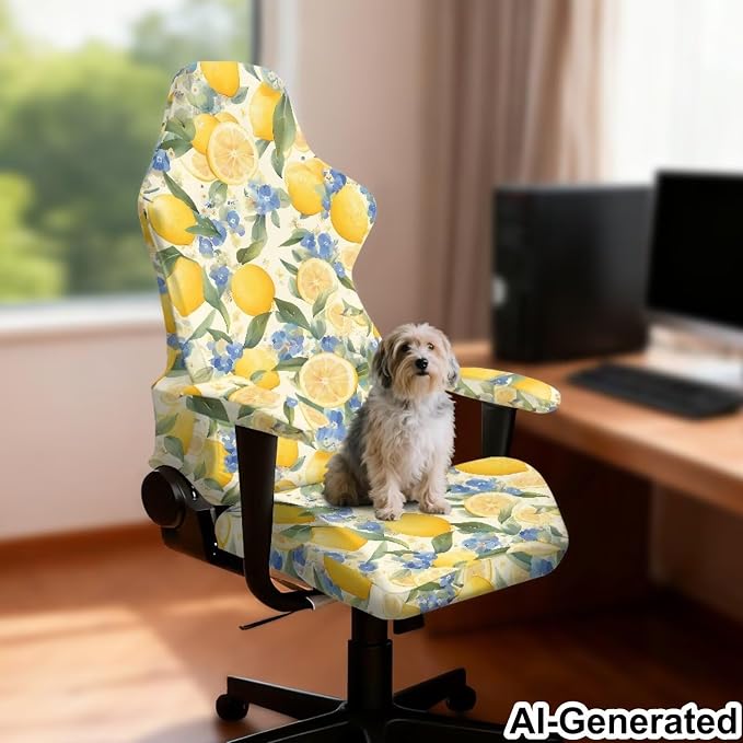 Floral Lemon Gaming Chair Covers Yellow Set of 4 Vintage Floral Computer Chairs Slipcover Watercolor Lemon Split Chairs Covers with Armrest for Home Office Workstation Decorations - Image 3