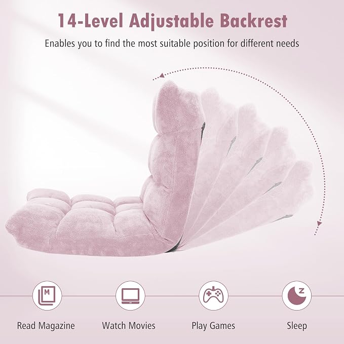 GIANTEX Floor Chairs for Adults, Floor Gaming Chair (Light Pink) | Coral Velvet, 14 Adjustable Position, Thick Sponge Padding, Floor Seating Lounge for Reading, Watching TV, Meditation - Image 4