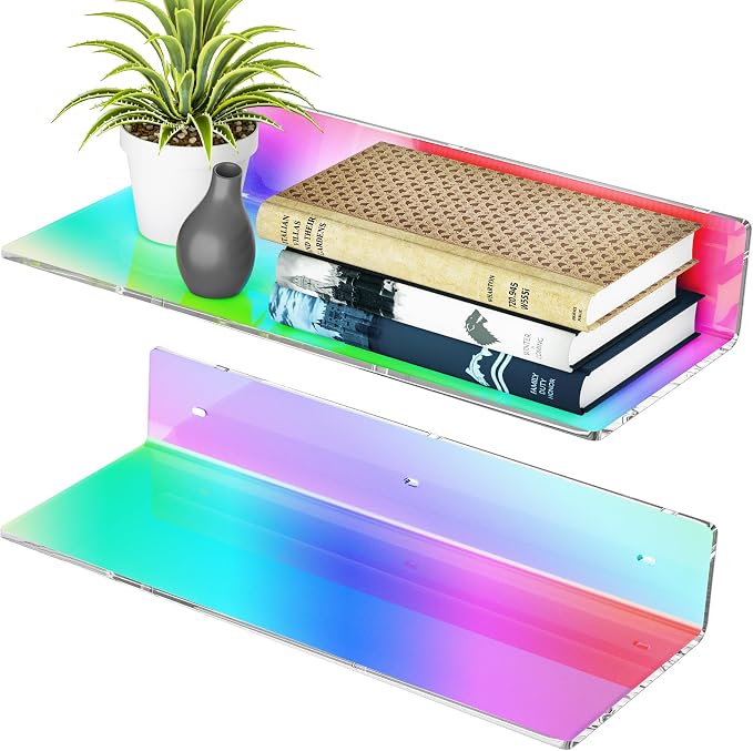 Sezanrpt 2 Pack Iridescent Acrylic Floating Shelves 15 Inches, Wall Hanging Bathroom Shelves, Wall Storage Shelf for Kitchen, Dining Room, Living Room, Bedroom, Bathroom, Retail, Supermarket by Sezanrpt