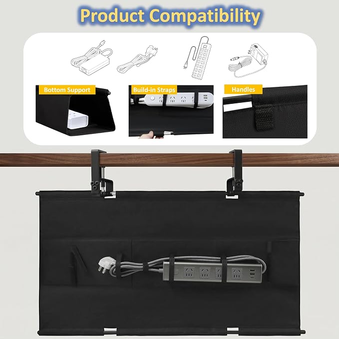 36" Under Desk Cable Management Tray - No Drill Oxford Cloth Cord Organizer with Clamp & Screw Mount - Large Capacity Fabric Cable Holder for Home Office, Gaming Desk & Standing Desk (Black) - Image 2