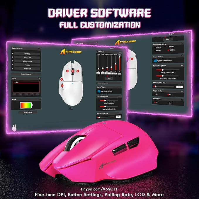 ATTACK SHARK V6 65g Superlight Wireless Gaming Mouse with RGB Magnetic Charging Dock,BT/2.4GHz Wireless/Wired Mouse 1K Polling,PixArt PAW3311 Sensor,25K DPI,Office Gamer Mice for PC/Win/Mac(Rose) - Image 8
