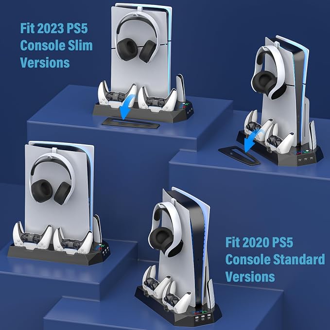 PS5 Slim Stand and Cooling Station with Controller Charging Station for Playsation 5 Slim&Standard Disc/Digital Console, PS5 Accessories Incl. Charger/Turbo Fan/3 USB Hub/Headset Holder - Black - Image 5