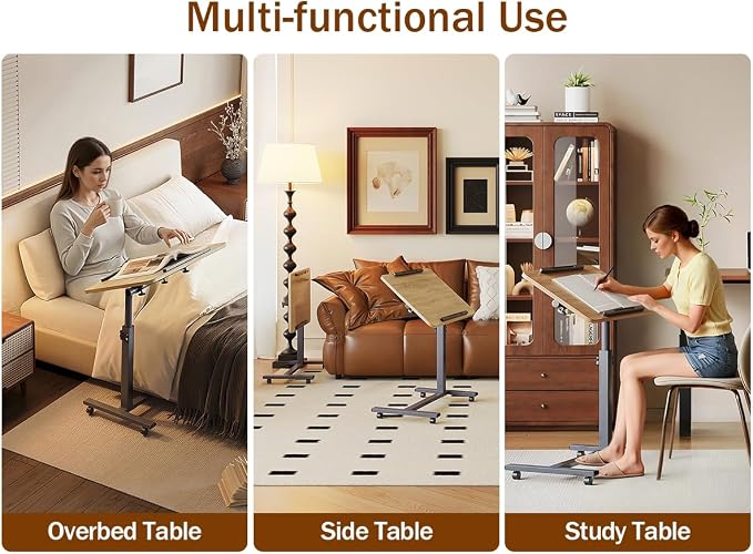 ZIWEI STAR Laptop Table Mobile Adjustable Height Portable Desk Notebook Swivel PC Computer Rolling Desk with Wheels, Laptop Stand for Couch Bedside Hospital Bed Table (Natural Color) - Image 5