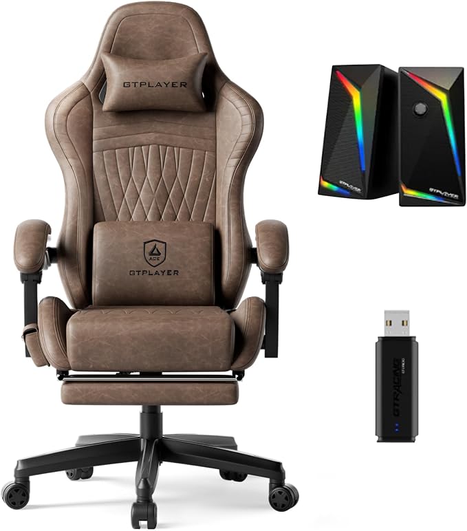 GTPLAYER Gaming Chair Bundle with Integrated Speakers, RGB Computer Speakers & USB Adapter – Ergonomic Music Chair for Surround Sound, Wireless & Complete Entertainment Setup, Light Brown by GTPLAYER