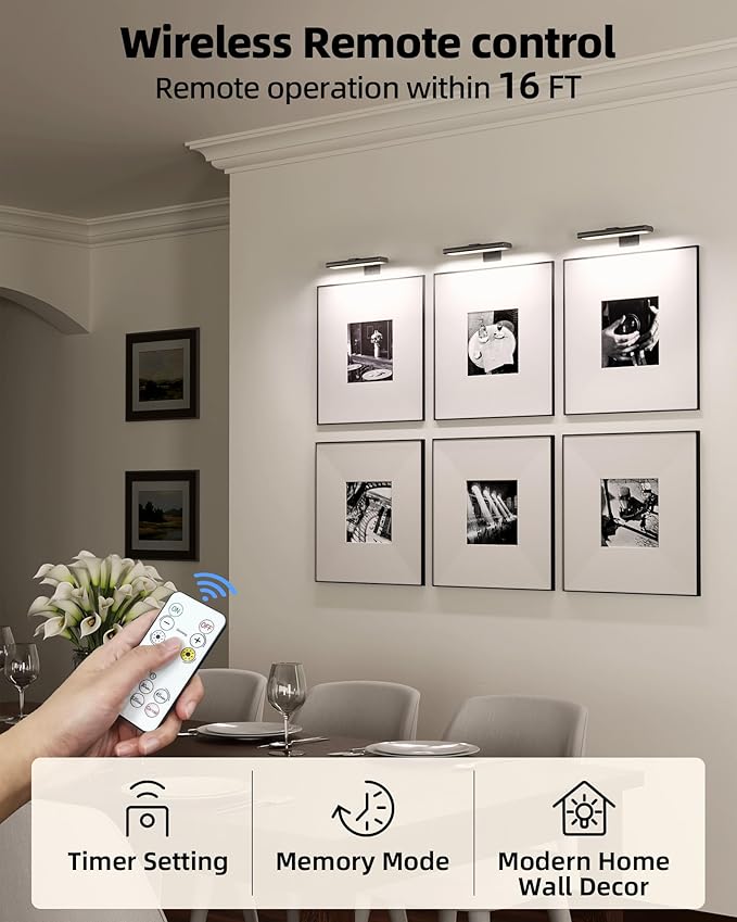 EZVALO Picture Light for Wall, Rechargeable 2400mAh Lights Wireless with IR Remote, 3 Color & Dimmable Magnetic 7.8'' LED Lights Display for Painting, Living Room, Gallery, Bedroom(Black-3P) - Image 4