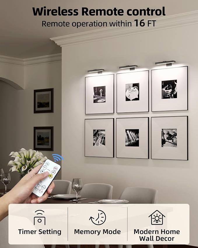 EZVALO Picture Light for Wall, Rechargeable 2400mAh Lights Wireless with IR Remote, 3 Color & Dimmable Magnetic 7.87'' LED Lights Display for Painting, Living Room, Gallery, Bedroom Art(Black-2P) - Image 2