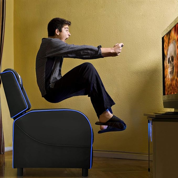 Giantex Gaming Recliner Chair, Adjustable Massage Gaming Chairs for Adults, Ergonomic Comfortable Lounge Leather Sofa w/Footrest, Remote Control & Side Pocket, Racing Style Single Sofa Recliners, Blue - Image 8