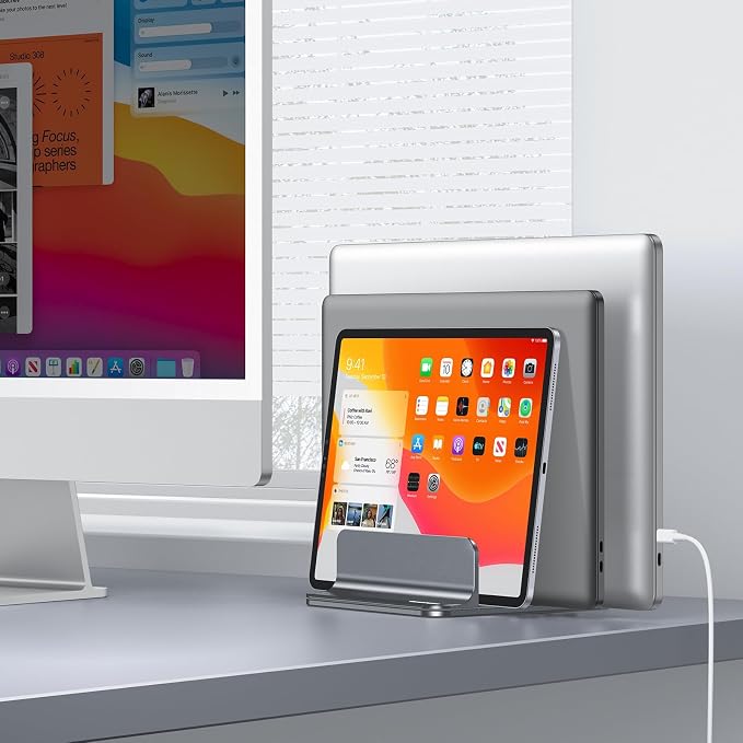 OMOTON 3-Slot Multiple Vertical Laptop Stand, Fits All MacBook, Grey - Image 8