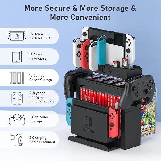 Switch Game Storage with Controller Charger for Nintendo Switch & OLED Model, Switch Charging Dock Charges 6 Joycons, Switch Gaming Accessories Holder for Desk, Switch Game Gift Card Organizer (Black) - Image 2