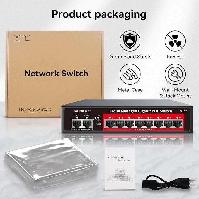8 Port Gigabit PoE Switch with 2 Gigabit Uplink, 120W Built-in Power, 802.3af/at Compliant, Managed PoE+ Switch Support VLAN, QoS, Fanless Metal, Plug and Play(Desktop/Wall Mount) - Image 9