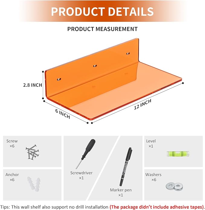 Sezanrpt 12 Inches Small Orange Wall Shelves Set of 2, Acrylic Floating Shelf for Bedroom, Living Room, Funko Pop Shelves, Smart Speaker, 2 Pack - Image 2