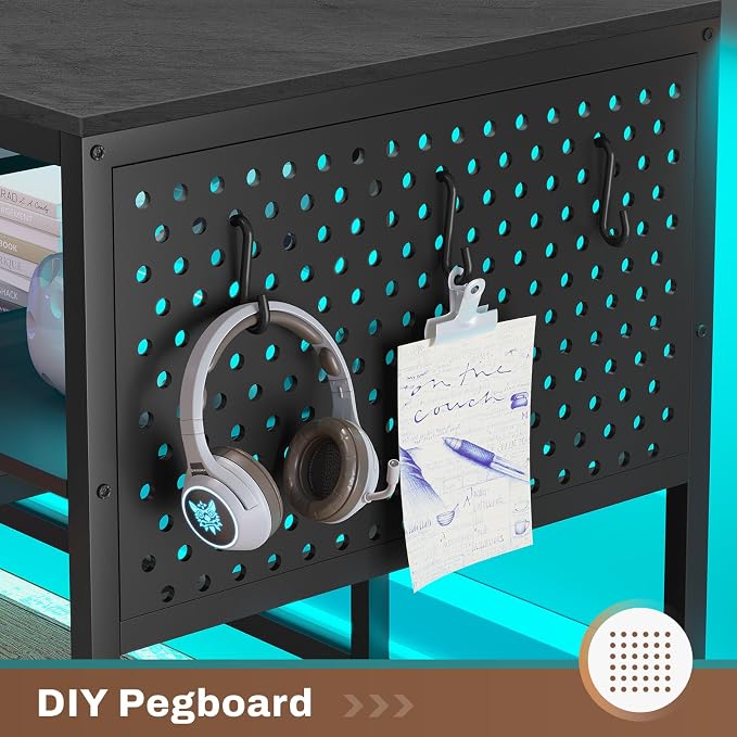 SEDETA L Shaped Gaming Desk, Convertible 96" Home Office Desk or Corner Desk, L Shaped Table with Power Outlets & LED Strip, Monitor Stand, Keyboard Tray, Pegboard and Storage Shelves, Grey - Image 7