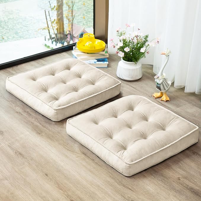1 MIDDLE ONE Floor Pillow Set of 2, Memory Foam Meditation Cushion, Floor Cushions for Adults Sitting, Large Square Seat Cushions for Yoga, Living Room, 20x20 Inch (Off-White) by 1MIDDLEONE