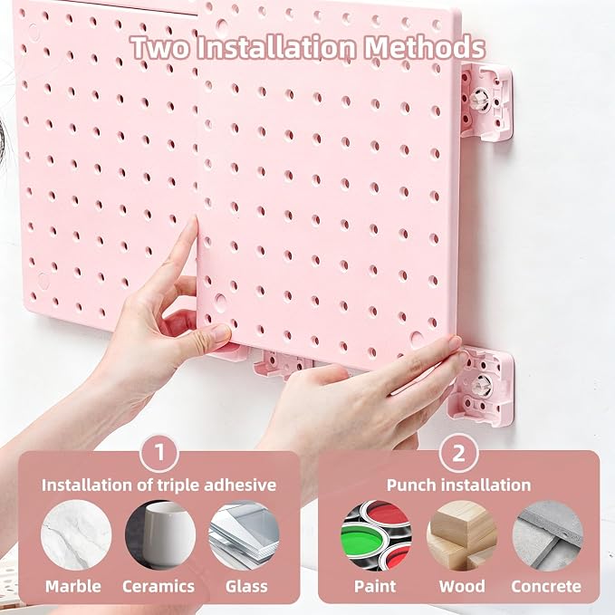 VUSIGN Peg Board Combination Kit 22"x22" Pegboards, Pink | Pegboards and Accessories, Two Installation Modes, Pegboard Organizer Kit 4 Panels & Accessories for Wall - Image 4