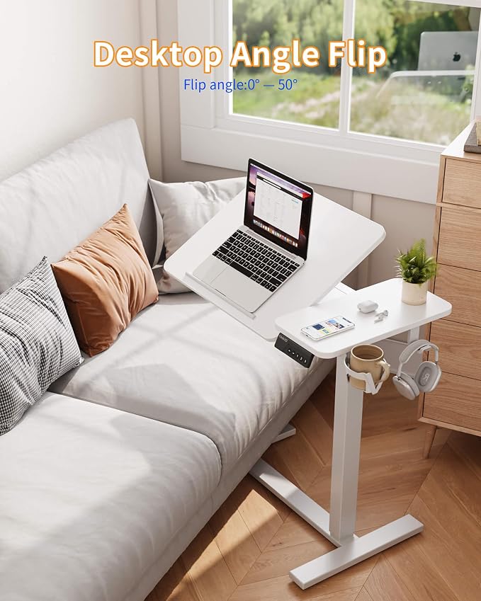 YIHAYO Adjustable Overbed Bedside Table with Wheels, 28 x 16 Inches Electric Mobile Standing Desk, Laptop Desk, Movable Overbed Tables Hospital Home Use, White - Image 7