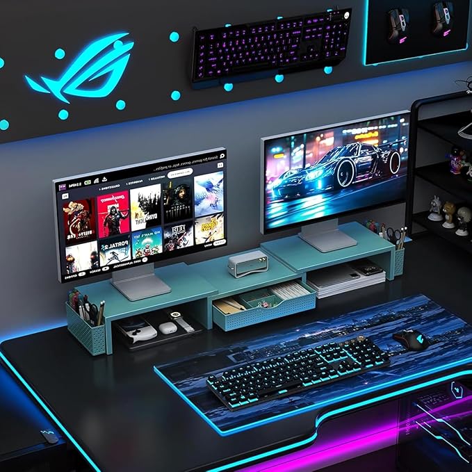 gianotter Dual Monitor Stand Riser With Drawer and 2 Pen Holders | Computer Monitor Stand Desk Organizer and Accessories Desk Shelf for Top of Desk (Blue) - Image 7