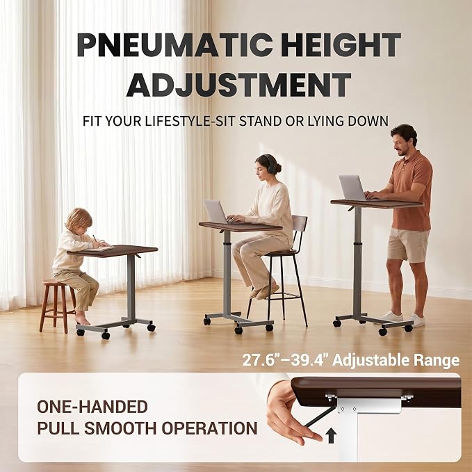 WOTURE Pneumatic Adjustable Overbed Bedside Table with Wheels - Hospital & Home Use, Medical Bed Table, Mobile Standing Desk, Rolling Laptop Cart, Non Tilt Surface(23.6" L x 15.7" W, Walnut) - Image 3