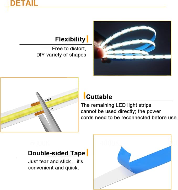 5V USB LED Strip Lights 6.56FT, 3Key COB Light Strip White, Short LED Strip Light, Flexible Bright for Under Cabinet, Kitchen, TV Backlight, Shelves, Displays and TV Lights - Image 3