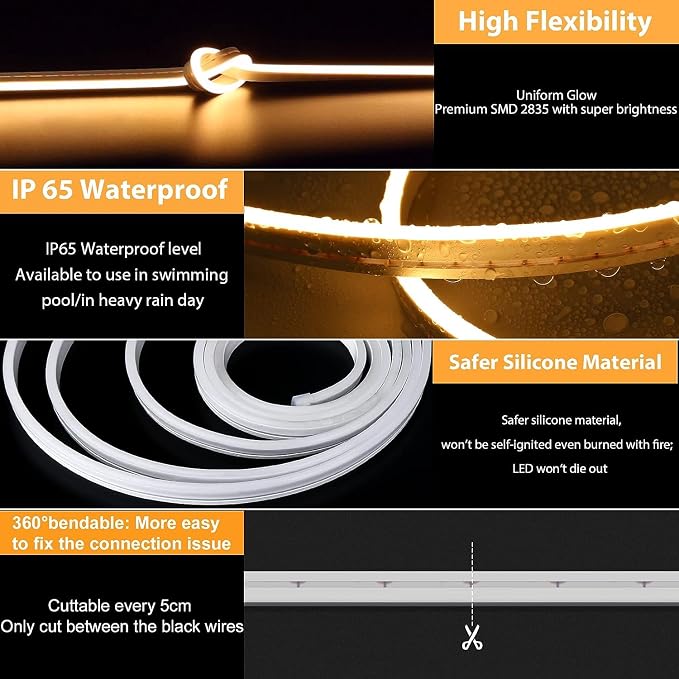 Lamomo LED Neon Lights, 32.8Ft Warm White Dimmable Led Rope Flex, 24V Waterproof LED Strip Lights, Silicone 3000K Neon Strip Lighting for Bedroom Indoor Home Decor - Image 4