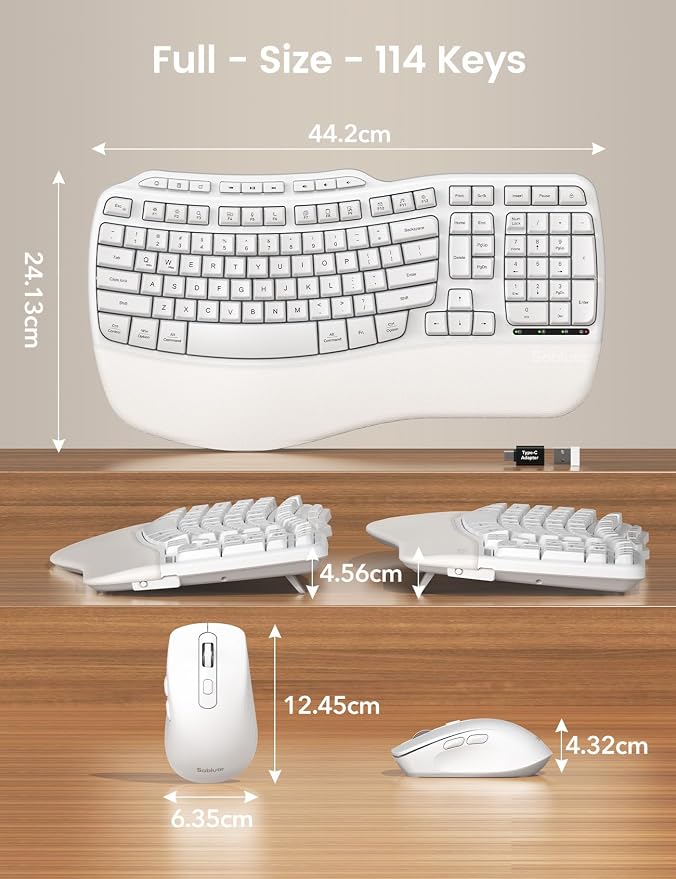 White Ergonomic Wireless Keyboard and Mouse Combo, 2.4G Full Size Ergo Wave Key Board with Cushioned Plam Rest, Natural Typing, 3 DPI Adjustable Silent Mouse for Computer/Laptop/Windows/Mac - Sablute - Image 8