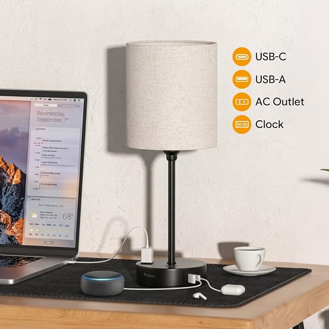 BySea Dimmable Desk Lamp with Clock, Remote, USB Ports, AC Outlet, Black - Image 6