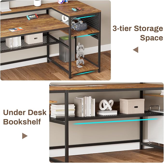 SEDETA L Shaped Computer Desk, Reversible Computer Desks, L Shaped Desk with Power Outlets & LED Strip, Monitor Shelf, Keyboard Tray, Pegboard and Storage Shelves for Home Office, Rustic Brown - Image 9