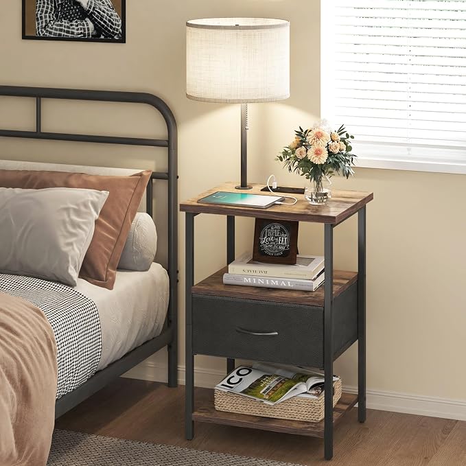 Fixwal Nightstand with Lights Bedside Table with 3 Color Temperatures Bulb, Night Stand with Charging Station End Table with Adjustable Fabric Drawer for Bedroom Dorm - Image 7