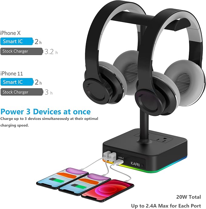 KAFRI RGB Dual Headphone Stand with USB C Charger Desk Gaming Double Headset Holder Hanger Rack with 3 USB Charging Port and 2 Outlet - Suitable for Gamer Desktop Table Game Earphone Accessories Gift - Image 3