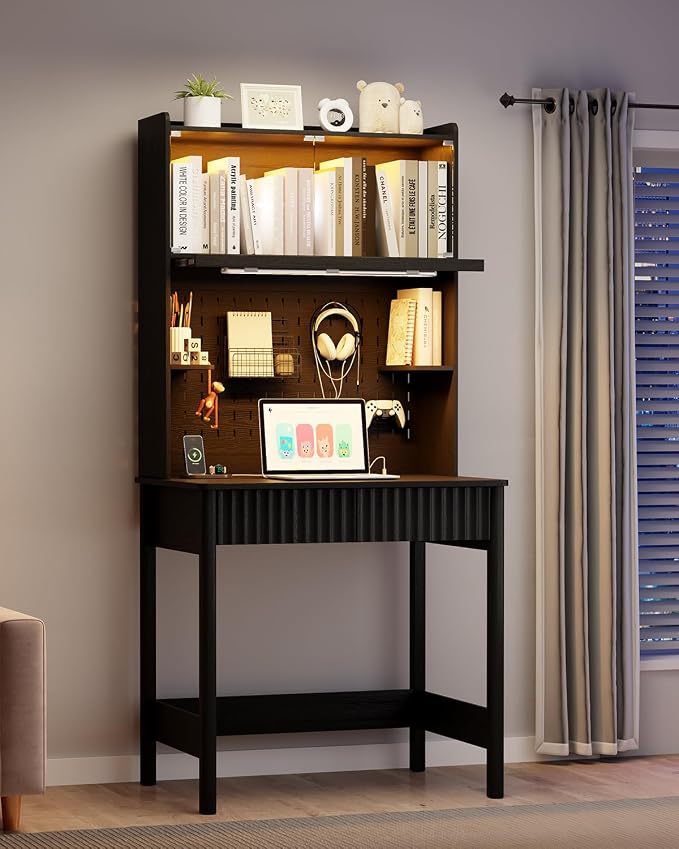 HNEBC Black Computer Desk - with Power Outlets & Chariging Station,Small Writing Desk with Hutch and Drawers,66.3''H Office Desk with Pull-Out LED Lights,Pop-up Glass Door,Pegboards,Bedroom - Image 9