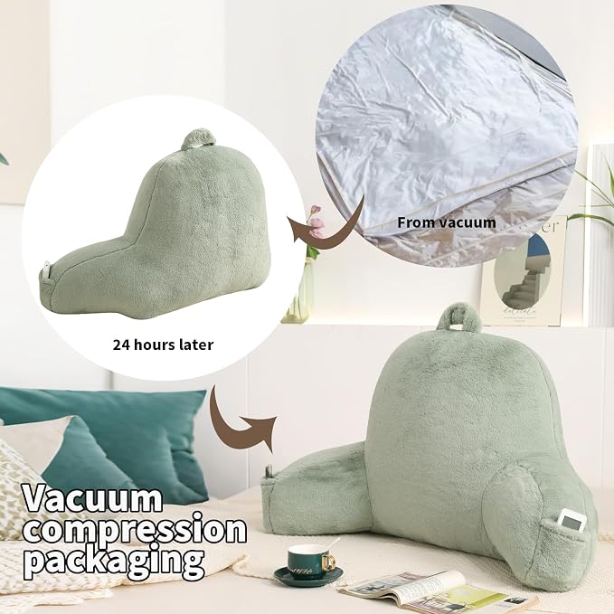 Large Plush Backrest Pillow for Sitting in Bed,Faux Fur,Green | 19" Back Pillow with Arms Supports Adults,College Students,Elbows & Forearms for Dorm Reading,Gaming,Watching TV - Image 4