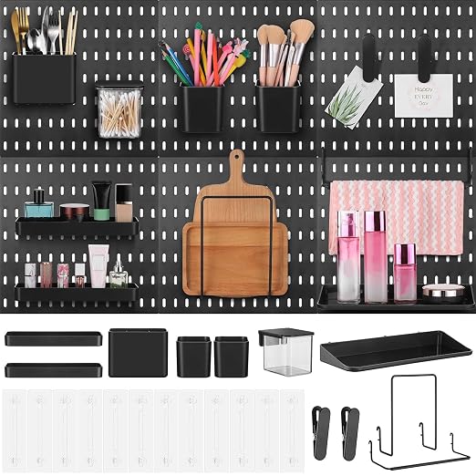 Unittype 17 Pcs Peg Board Combination Kit, 6 Plastic Wall Pegboard with 11 Accessories, 33" x 22" Desk Pegboard Organizer with Shelf Hook for Office, Kitchen, Gaming, Garage, Craft Room(Black) by Unittype