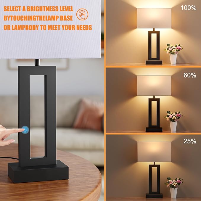 Nightstand Table Lamps for Bedrooms Set of 2 - Touch Bedside Lamp with USB C+A, 3 Way Dimmable Living Room Lamps for End Tables Set of 2, Modern Night Stand Lamps for Bed Side Guest Room(White) - Image 2