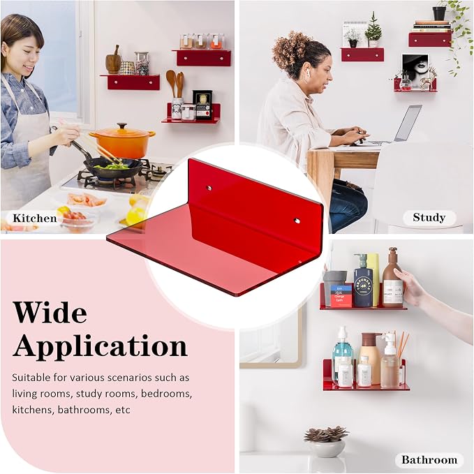 Sezanrpt 9 Inch Red Acrylic Small Wall Shelf, Home Wall Display Ledges for Storage, Room Décor, Space Saving, Items Organizer, 2 Pack - Image 6