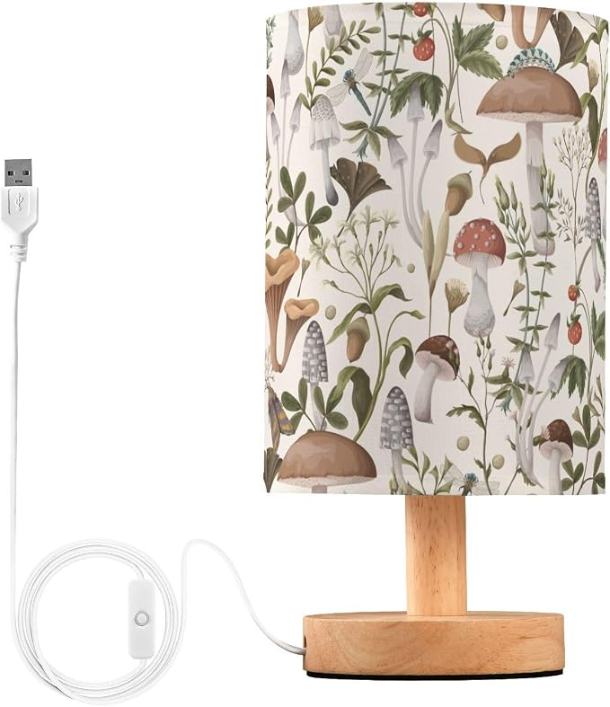 Bedside Table Lamp Mushrooms Nightstand Lamp with Wood Vintage Flower Leaves Desk Lamps for Bedroom Living Room Nursery Office Home Decor by Oarencol
