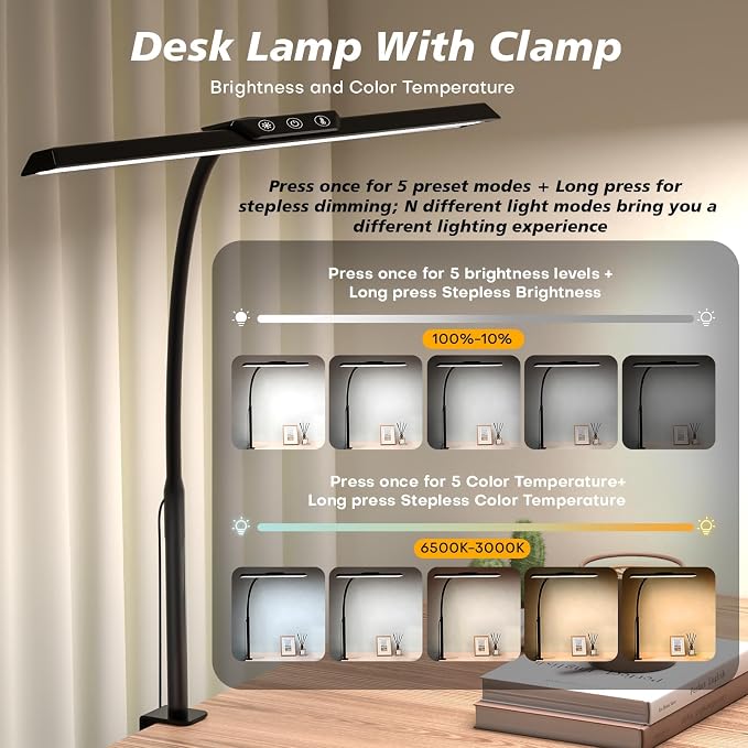 MOICO LED Desk Lamp with Clamp for Office Home- - Image 2