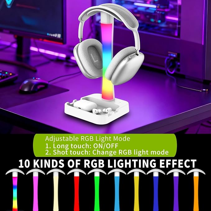 Headphone Stand with Charger,Gaming Headset stand with RGB Light Mode,For Airpod Max Stand,Desk Lamp,Phone Holder,Tablet Holder,desktop organizer,Gifts for Gamers & Music Lover (White) - Image 3