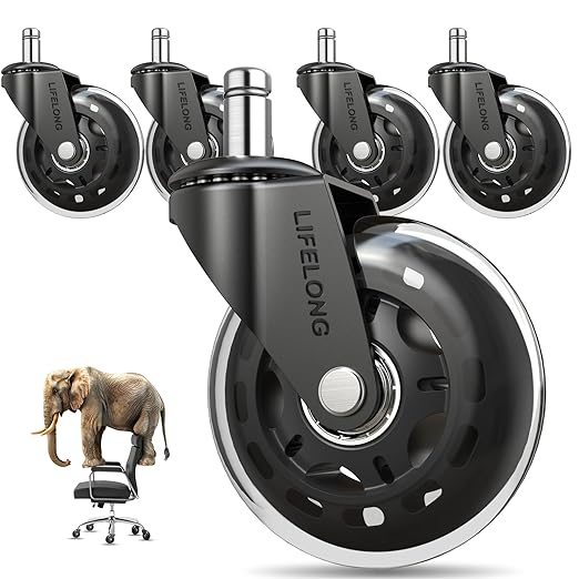 Lifelong Office Chair Wheels Replacement, Heavy Duty, 5-Pack Universal Fit | Original Rubber Caster, Desk Wheels, Smooth & Quiet, Safe for Hardwood Floors & Carpet, Replace Office Chair Mats by LIFELONG