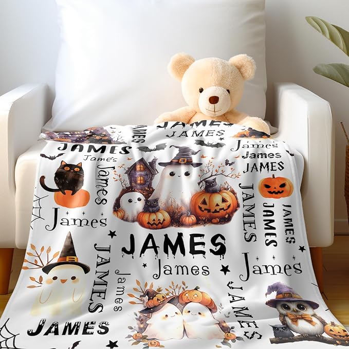 Ship Next Day, Custom Halloween Blanket - Printed in USA, Personalized Baby Blankets with Name, Gift for Kids Girls Boys, Unique Present for Birthday, Christmas, Halloween Bats Toddler Blanket - Image 2