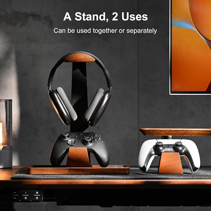 UPERGO Headphone and Headset Stand with Controller Holders for Gaming Desk | Solid Wood, Holds 2 Controllers, Storage Tray for Gaming Accessories, Compatible with PS5 and Xbox - Image 2