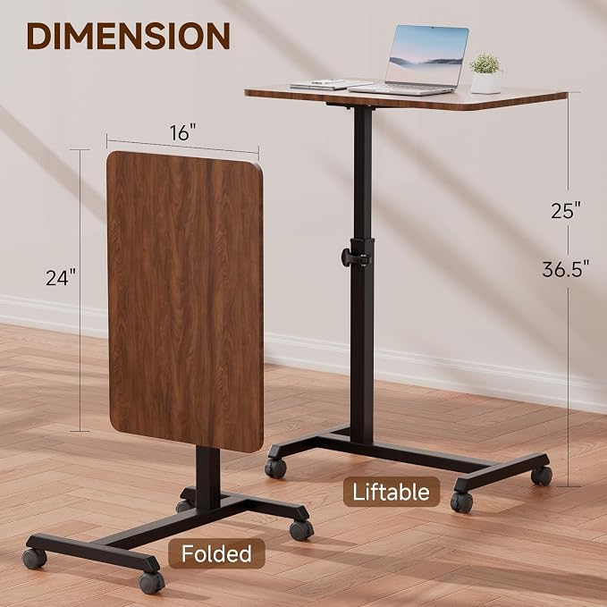 GTPLAYER Small Standing Desk, 24 Inches Foldable Mobile Rolling Laptop PC Table with Lockable Casters, Adjustable Height Overbed Bedside Table Computer Workstation for Home Office, Dark Brown-Foldable - Image 2