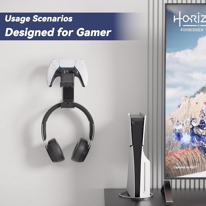 KDD Dual Controller & Headphone Holder Stand Wall Mount - Gaming Headset Hanger with Adhesive or Screws Install for Xbox Series X/S, PS5/4/3, Switch, STEAM, Universal PC Gamepad Accessories - Image 5