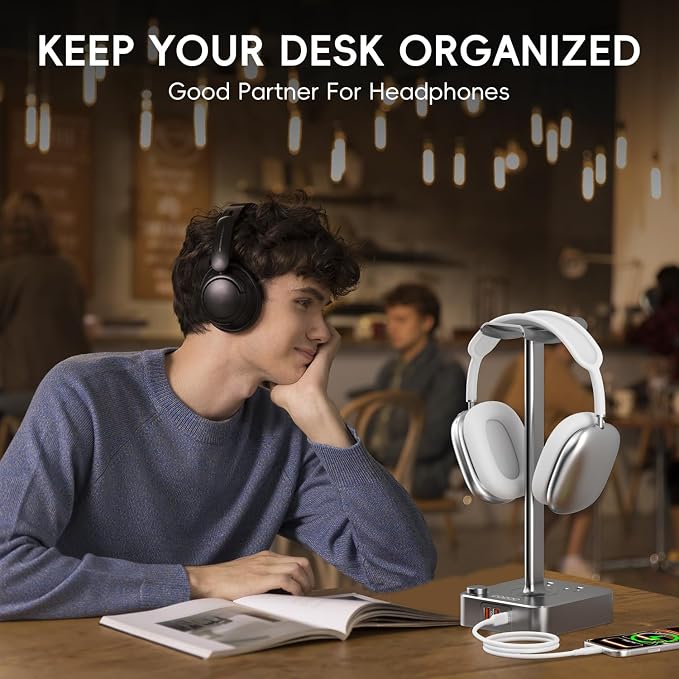 cozoo Headphone Stand with Charger, USB C, Gifts for Gamers Men, Gray | Gaming Headset Stand Holder for Desk, 3 USB(1 USB C) and 2 AC Outlets Charging Ports, Headphone Hanger, Gamer Gifts for Men - Image 8
